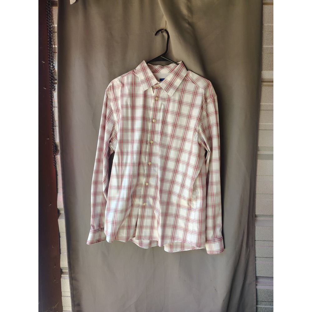 Egara Mens Non-Iron Plaid Button Down Shirt Red Grey White Long Sleeve‎ Large